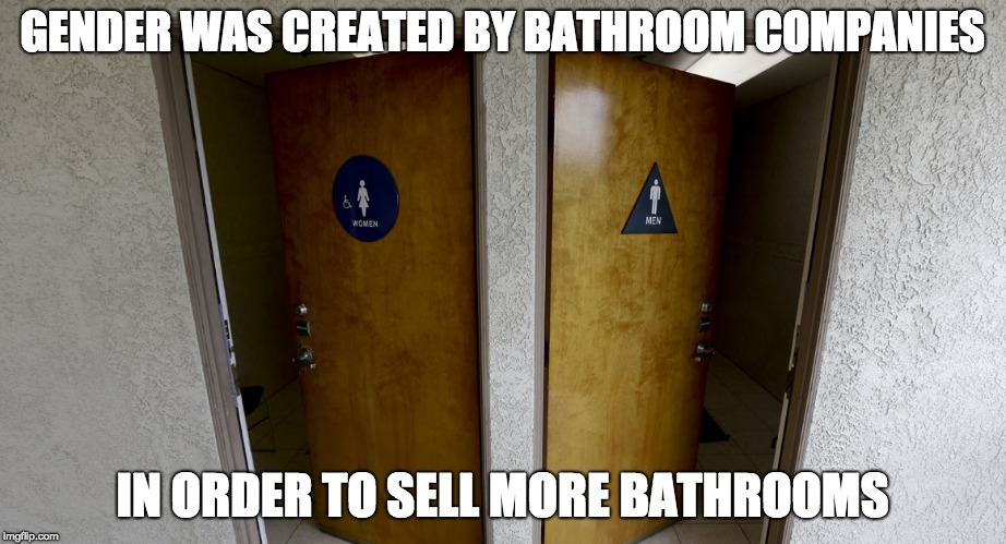 Why Gender Exists in this World Today | GENDER WAS CREATED BY BATHROOM COMPANIES; IN ORDER TO SELL MORE BATHROOMS | image tagged in /gender,/bathrooms,/pcculture,/joke | made w/ Imgflip meme maker