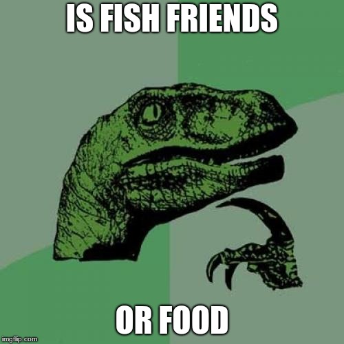 Philosoraptor | IS FISH FRIENDS; OR FOOD | image tagged in memes,philosoraptor | made w/ Imgflip meme maker