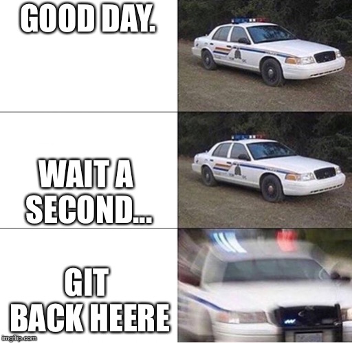 Police Car  | GOOD DAY. WAIT A SECOND... GIT BACK HEERE | image tagged in police car | made w/ Imgflip meme maker