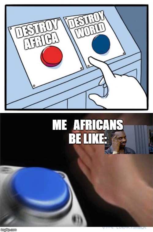 two buttons 1 blue | DESTROY WORLD; DESTROY AFRICA; ME


AFRICANS BE LIKE: | image tagged in two buttons 1 blue | made w/ Imgflip meme maker