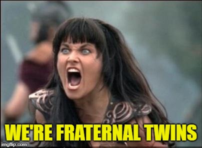 Angry Xena | WE'RE FRATERNAL TWINS | image tagged in angry xena | made w/ Imgflip meme maker