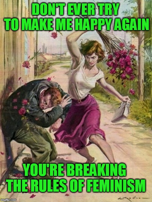 Hit Him Again, Hit Him Again, Harder, Harder | DON'T EVER TRY TO MAKE ME HAPPY AGAIN; YOU'RE BREAKING THE RULES OF FEMINISM | image tagged in feminism,triggered feminist | made w/ Imgflip meme maker