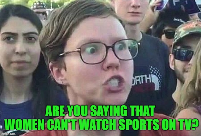 Triggered Liberal | ARE YOU SAYING THAT WOMEN CAN'T WATCH SPORTS ON TV? | image tagged in triggered liberal | made w/ Imgflip meme maker