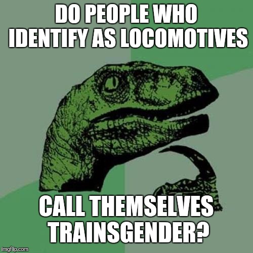 Going Off The Tracks | DO PEOPLE WHO IDENTIFY AS LOCOMOTIVES; CALL THEMSELVES TRAINSGENDER? | image tagged in memes,philosoraptor,transgender | made w/ Imgflip meme maker