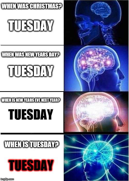 Expanding Brain | WHEN WAS CHRISTMAS? TUESDAY; WHEN WAS NEW YEARS DAY? TUESDAY; TUESDAY; WHEN IS NEW YEARS EVE NEXT YEAR? WHEN IS TUESDAY? TUESDAY | image tagged in memes,expanding brain | made w/ Imgflip meme maker