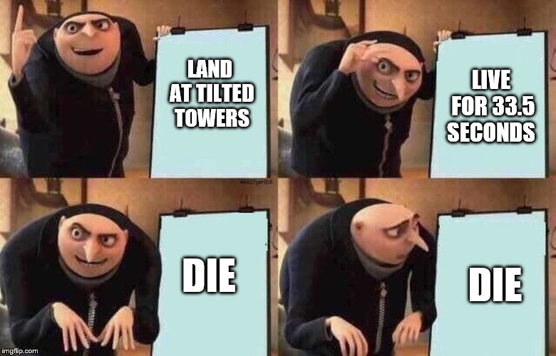 fortnite plan at work be like | LIVE FOR 33.5 SECONDS; LAND AT TILTED TOWERS; DIE; DIE | image tagged in fortnite plan at work be like | made w/ Imgflip meme maker