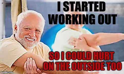 Hide the Pain Harold Fitness | I STARTED WORKING OUT; SO I COULD HURT ON THE OUTSIDE TOO | image tagged in hide the pain harold fitness | made w/ Imgflip meme maker