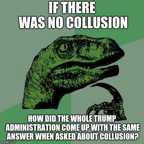 Philosoraptor | IF THERE WAS NO COLLUSION; HOW DID THE WHOLE TRUMP ADMINISTRATION COME UP WITH THE SAME ANSWER WHEN ASKED ABOUT COLLUSION? | image tagged in memes,philosoraptor | made w/ Imgflip meme maker