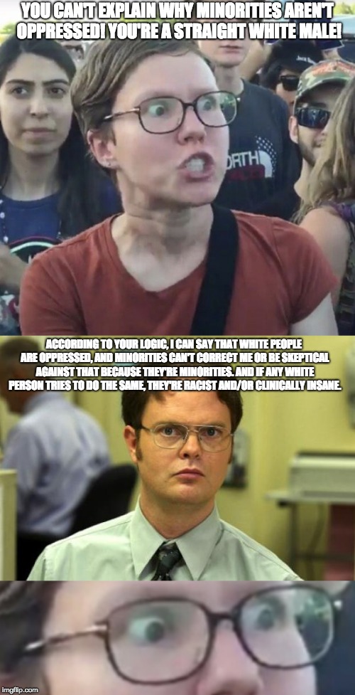 YOU CAN'T EXPLAIN WHY MINORITIES AREN'T OPPRESSED! YOU'RE A STRAIGHT WHITE MALE! ACCORDING TO YOUR LOGIC, I CAN SAY THAT WHITE PEOPLE ARE OPPRESSED, AND MINORITIES CAN'T CORRECT ME OR BE SKEPTICAL AGAINST THAT BECAUSE THEY'RE MINORITIES. AND IF ANY WHITE PERSON TRIES TO DO THE SAME, THEY'RE RACIST AND/OR CLINICALLY INSANE. | image tagged in triggered feminist,dwight schrute | made w/ Imgflip meme maker