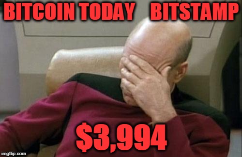 Captain Picard Facepalm Meme | BITCOIN TODAY    BITSTAMP; $3,994 | image tagged in memes,captain picard facepalm | made w/ Imgflip meme maker
