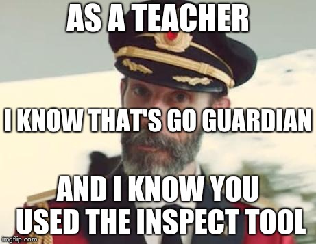 Captain Obvious | AS A TEACHER AND I KNOW YOU USED THE INSPECT TOOL I KNOW THAT'S GO GUARDIAN | image tagged in captain obvious | made w/ Imgflip meme maker