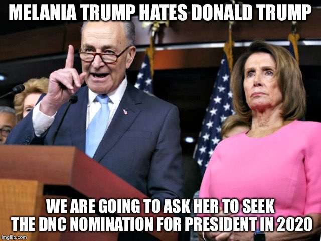 Chuck and Nancy | MELANIA TRUMP HATES DONALD TRUMP; WE ARE GOING TO ASK HER TO SEEK THE DNC NOMINATION FOR PRESIDENT IN 2020 | image tagged in chuck and nancy | made w/ Imgflip meme maker