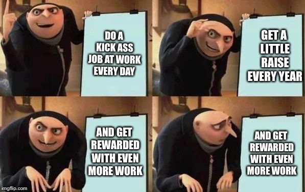 Gru's Plan | DO A KICK ASS JOB AT WORK EVERY DAY; GET A LITTLE RAISE EVERY YEAR; AND GET REWARDED WITH EVEN MORE WORK; AND GET REWARDED WITH EVEN MORE WORK | image tagged in gru's plan,so true memes | made w/ Imgflip meme maker