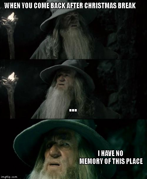 Me | WHEN YOU COME BACK AFTER CHRISTMAS BREAK; ... I HAVE NO MEMORY OF THIS PLACE | image tagged in memes,confused gandalf,school | made w/ Imgflip meme maker