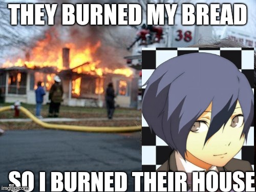 Disaster Girl Meme | THEY BURNED MY BREAD; SO I BURNED THEIR HOUSE | image tagged in memes,disaster girl | made w/ Imgflip meme maker