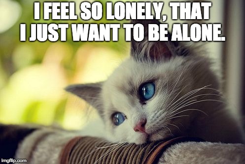 First World Problems Cat | I FEEL SO LONELY, THAT I JUST WANT TO BE ALONE. | image tagged in memes,first world problems cat | made w/ Imgflip meme maker