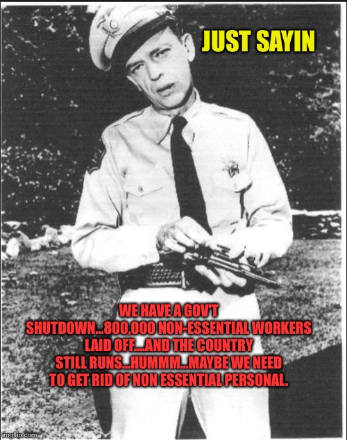 Mayberry | JUST SAYIN; WE HAVE A GOV'T SHUTDOWN...800,000 NON-ESSENTIAL WORKERS LAID OFF....AND THE COUNTRY STILL RUNS...HUMMM...MAYBE WE NEED TO GET RID OF NON ESSENTIAL PERSONAL. | image tagged in mayberry | made w/ Imgflip meme maker