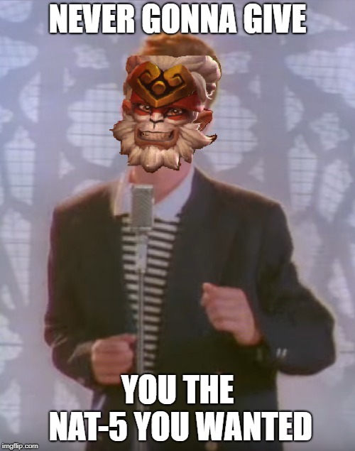 NEVER GONNA GIVE; YOU THE NAT-5 YOU WANTED | image tagged in monkey king roll | made w/ Imgflip meme maker