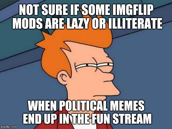 I'd like to say what I really think, but that would get a NSFW label. | NOT SURE IF SOME IMGFLIP MODS ARE LAZY OR ILLITERATE; WHEN POLITICAL MEMES END UP IN THE FUN STREAM | image tagged in memes,futurama fry,imgflip mods,anti politics,do your job,tired of your crap | made w/ Imgflip meme maker