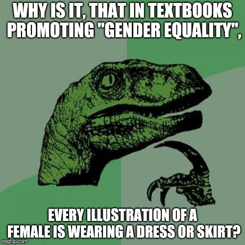 Philosoraptor | WHY IS IT, THAT IN TEXTBOOKS PROMOTING "GENDER EQUALITY", EVERY ILLUSTRATION OF A FEMALE IS WEARING A DRESS OR SKIRT? | image tagged in memes,philosoraptor | made w/ Imgflip meme maker