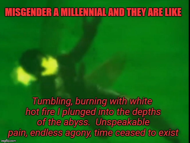 SJW melodrama | MISGENDER A MILLENNIAL AND THEY ARE LIKE; Tumbling, burning with white hot fire I plunged into the depths of the abyss.  Unspeakable pain, endless agony, time ceased to exist | image tagged in sjw,legacy of kain,soul reaver,liberals | made w/ Imgflip meme maker