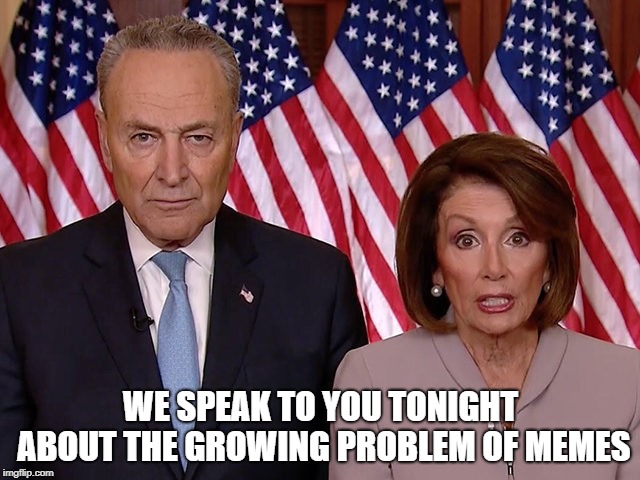 schumer pelosi | WE SPEAK TO YOU TONIGHT ABOUT THE GROWING PROBLEM OF MEMES | image tagged in schumer pelosi | made w/ Imgflip meme maker
