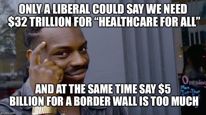 Liberal Logic | ONLY A LIBERAL COULD SAY WE NEED $32 TRILLION FOR “HEALTHCARE FOR ALL”; AND AT THE SAME TIME SAY $5 BILLION FOR A BORDER WALL IS TOO MUCH | image tagged in memes,roll safe think about it,liberal logic,maga | made w/ Imgflip meme maker