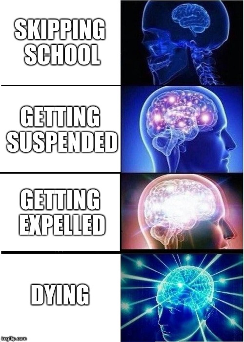 avoiding to go to school | SKIPPING SCHOOL; GETTING SUSPENDED; GETTING EXPELLED; DYING | image tagged in memes,expanding brain | made w/ Imgflip meme maker