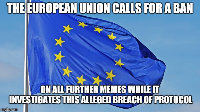 The European Union | THE EUROPEAN UNION CALLS FOR A BAN ON ALL FURTHER MEMES WHILE IT INVESTIGATES THIS ALLEGED BREACH OF PROTOCOL | image tagged in the european union | made w/ Imgflip meme maker