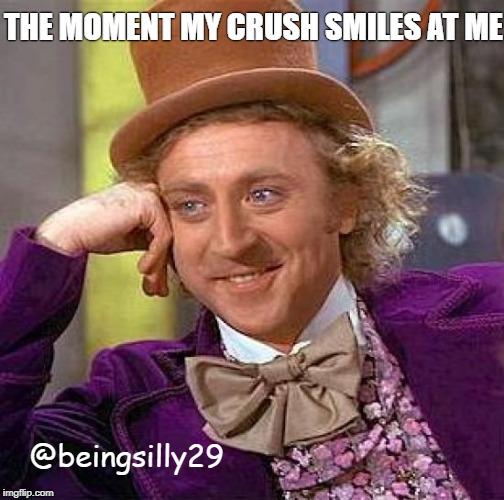 Creepy Condescending Wonka | THE MOMENT MY CRUSH SMILES AT ME; @beingsilly29 | image tagged in memes,creepy condescending wonka | made w/ Imgflip meme maker