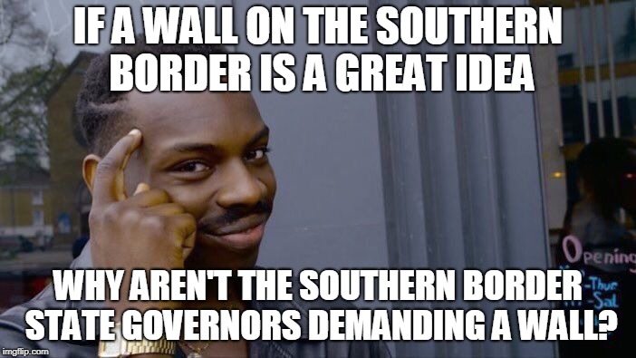 Roll Safe Think About It Meme | IF A WALL ON THE SOUTHERN BORDER IS A GREAT IDEA; WHY AREN'T THE SOUTHERN BORDER STATE GOVERNORS DEMANDING A WALL? | image tagged in memes,roll safe think about it | made w/ Imgflip meme maker