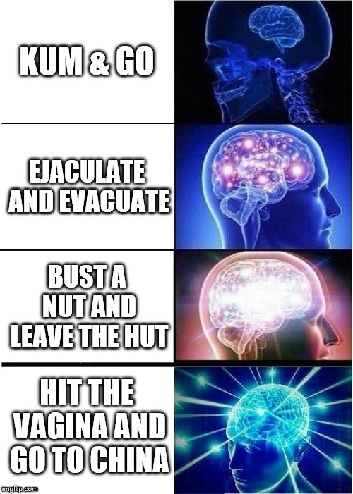 Expanding Brain Meme | KUM & GO; EJACULATE AND EVACUATE; BUST A NUT AND LEAVE THE HUT; HIT THE VAGINA AND GO TO CHINA | image tagged in memes,expanding brain | made w/ Imgflip meme maker
