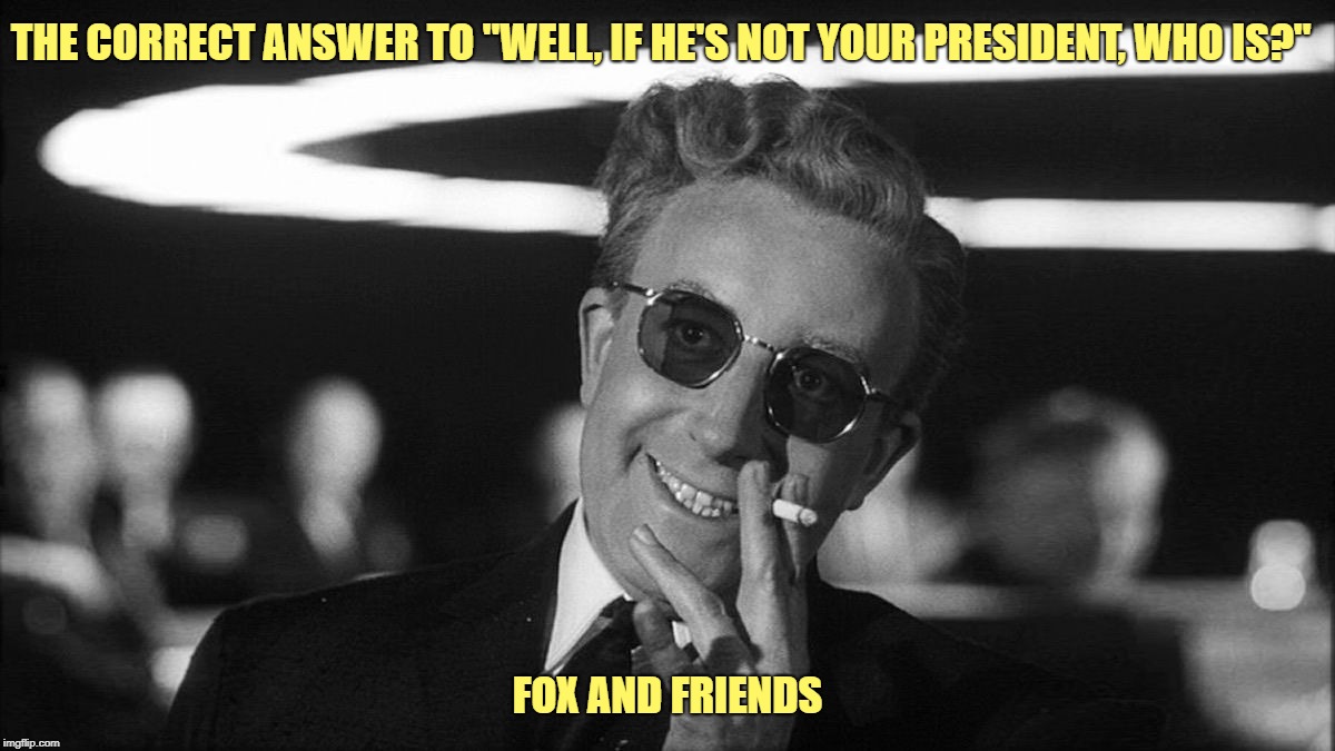 Dr. Strangelove Says... | THE CORRECT ANSWER TO "WELL, IF HE'S NOT YOUR PRESIDENT, WHO IS?"; FOX AND FRIENDS | image tagged in not my president,donald trump,fox and friends | made w/ Imgflip meme maker