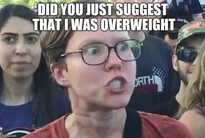 Triggered Liberal | DID YOU JUST SUGGEST THAT I WAS OVERWEIGHT | image tagged in triggered liberal | made w/ Imgflip meme maker