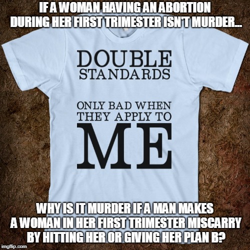 Spot the Double-Standard | IF A WOMAN HAVING AN ABORTION DURING HER FIRST TRIMESTER ISN'T MURDER... WHY IS IT MURDER IF A MAN MAKES A WOMAN IN HER FIRST TRIMESTER MISCARRY BY HITTING HER OR GIVING HER PLAN B? | image tagged in media's double standardhypocrisy squared,abortion is murder,double standards,memes,think about it | made w/ Imgflip meme maker