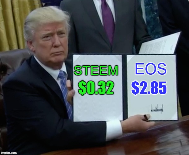 Trump Bill Signing Meme | EOS; STEEM; $0.32; $2.85 | image tagged in memes,trump bill signing | made w/ Imgflip meme maker