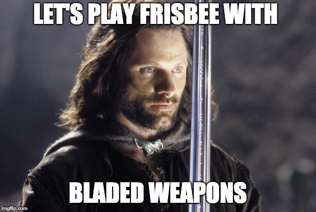 aragorn with sword | LET'S PLAY FRISBEE WITH; BLADED WEAPONS | image tagged in aragorn with sword | made w/ Imgflip meme maker