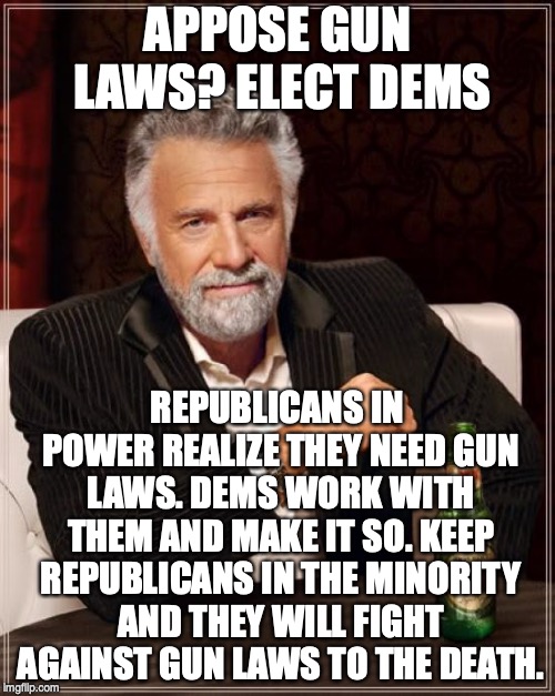 The Most Interesting Man In The World | APPOSE GUN LAWS? ELECT DEMS; REPUBLICANS IN POWER REALIZE THEY NEED GUN LAWS. DEMS WORK WITH THEM AND MAKE IT SO. KEEP REPUBLICANS IN THE MINORITY AND THEY WILL FIGHT AGAINST GUN LAWS TO THE DEATH. | image tagged in memes,the most interesting man in the world | made w/ Imgflip meme maker