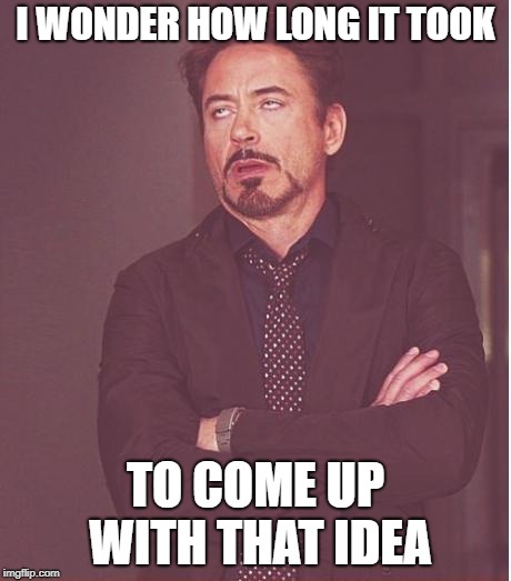 Face You Make Robert Downey Jr Meme | I WONDER HOW LONG IT TOOK TO COME UP WITH THAT IDEA | image tagged in memes,face you make robert downey jr | made w/ Imgflip meme maker