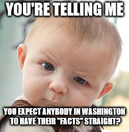 Skeptical Baby Meme | YOU'RE TELLING ME YOU EXPECT ANYBODY IN WASHINGTON TO HAVE THEIR "FACTS" STRAIGHT? | image tagged in memes,skeptical baby | made w/ Imgflip meme maker