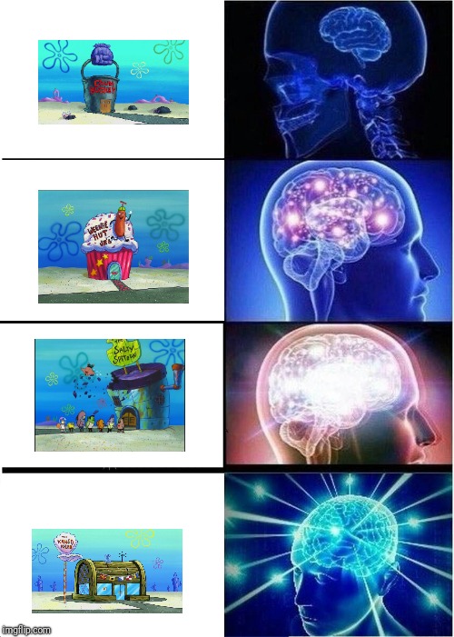 The Restaurants in The SpongeBob SquarePants Expanding Brain Meme! | image tagged in memes,expanding brain,spongebob,funny meme,expanding brain meme,expanding brain 5 panel | made w/ Imgflip meme maker