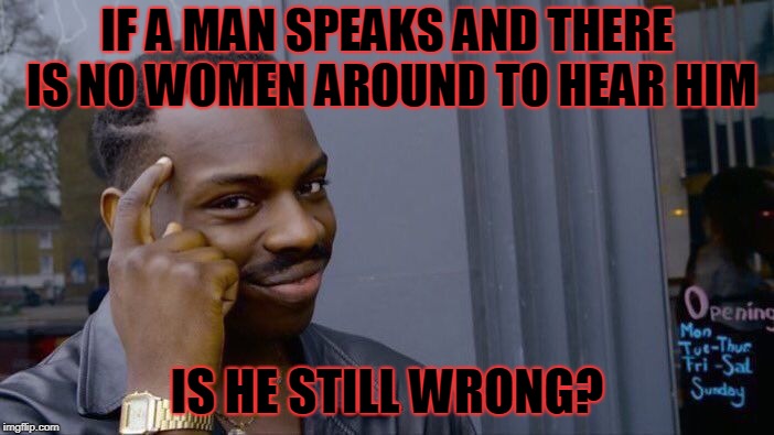 Roll Safe Think About It Meme | IF A MAN SPEAKS AND THERE IS NO WOMEN AROUND TO HEAR HIM; IS HE STILL WRONG? | image tagged in memes,roll safe think about it | made w/ Imgflip meme maker
