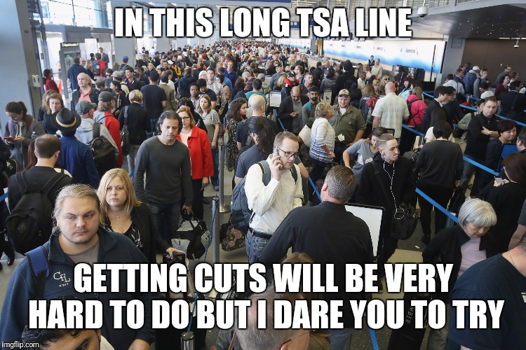TSA Long Lines | IN THIS LONG TSA LINE; GETTING CUTS WILL BE VERY HARD TO DO BUT I DARE YOU TO TRY | image tagged in tsa long lines | made w/ Imgflip meme maker