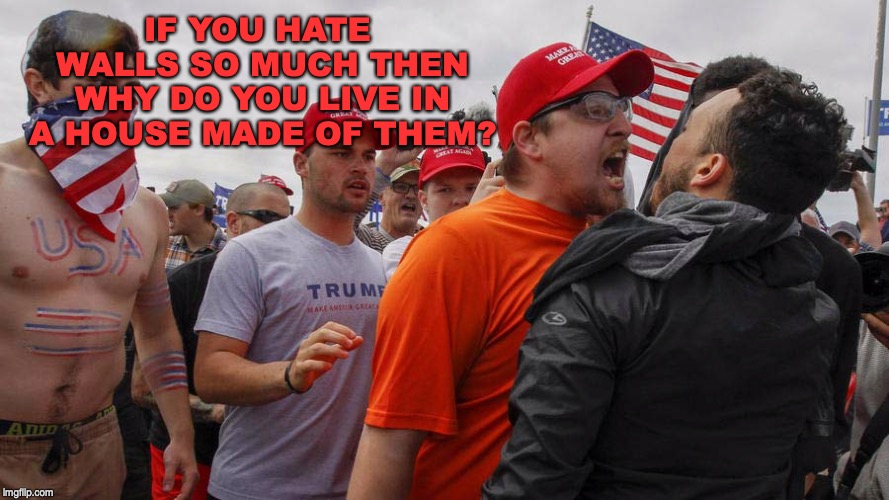 Angry Red Cap | IF YOU HATE WALLS SO MUCH THEN WHY DO YOU LIVE IN A HOUSE MADE OF THEM? | image tagged in maga,trump wall | made w/ Imgflip meme maker