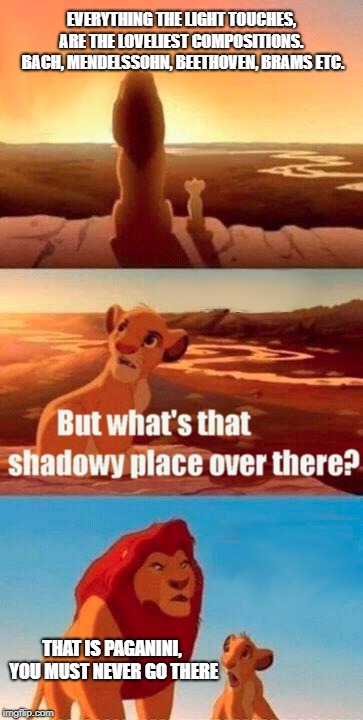Loveliest Compositions | EVERYTHING THE LIGHT TOUCHES, ARE THE LOVELIEST COMPOSITIONS.  BACH, MENDELSSOHN, BEETHOVEN, BRAMS ETC. THAT IS PAGANINI, YOU MUST NEVER GO THERE | image tagged in memes,simba shadowy place,bach,mendelssohn,beethoven,brahms | made w/ Imgflip meme maker