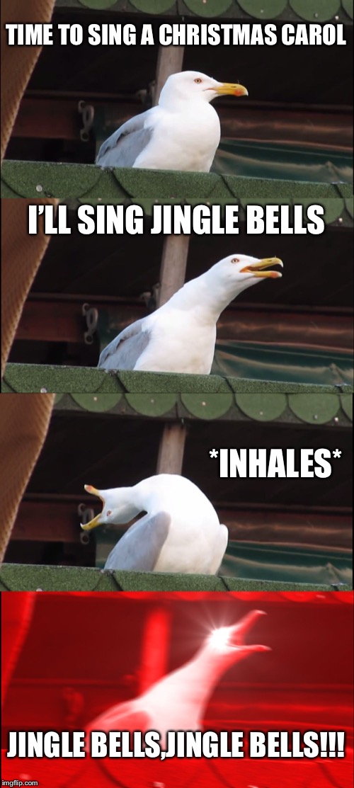 Inhaling Seagull Meme | TIME TO SING A CHRISTMAS CAROL; I’LL SING JINGLE BELLS; *INHALES*; JINGLE BELLS,JINGLE BELLS!!! | image tagged in memes,inhaling seagull | made w/ Imgflip meme maker