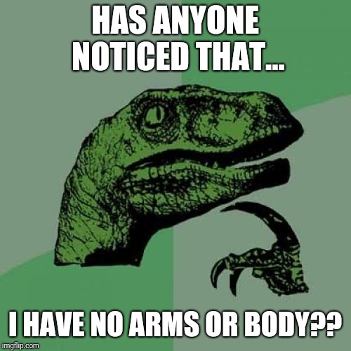 Philosoraptor | HAS ANYONE NOTICED THAT... I HAVE NO ARMS OR BODY?? | image tagged in memes,philosoraptor | made w/ Imgflip meme maker