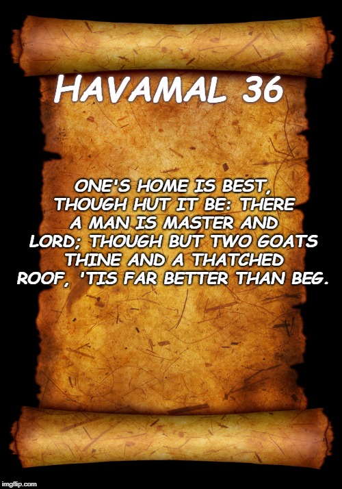 ONE'S HOME IS BEST, THOUGH HUT IT BE:
THERE A MAN IS MASTER AND LORD;
THOUGH BUT TWO GOATS THINE AND A THATCHED ROOF,
'TIS FAR BETTER THAN BEG. HAVAMAL 36 | image tagged in odin | made w/ Imgflip meme maker