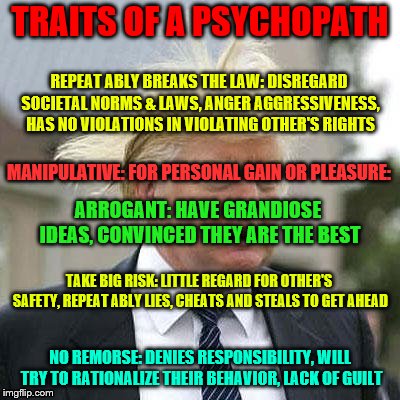Donald Trump | TRAITS OF A PSYCHOPATH; REPEAT ABLY BREAKS THE LAW: DISREGARD SOCIETAL NORMS & LAWS, ANGER AGGRESSIVENESS, HAS NO VIOLATIONS IN VIOLATING OTHER'S RIGHTS; MANIPULATIVE: FOR PERSONAL GAIN OR PLEASURE:; ARROGANT: HAVE GRANDIOSE IDEAS, CONVINCED THEY ARE THE BEST; TAKE BIG RISK: LITTLE REGARD FOR OTHER'S SAFETY, REPEAT ABLY LIES, CHEATS AND STEALS TO GET AHEAD; NO REMORSE: DENIES RESPONSIBILITY, WILL TRY TO RATIONALIZE THEIR BEHAVIOR, LACK OF GUILT | image tagged in donald trump | made w/ Imgflip meme maker