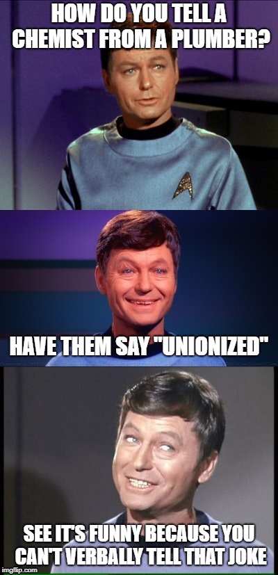 bad pun McCoy | HOW DO YOU TELL A CHEMIST FROM A PLUMBER? HAVE THEM SAY "UNIONIZED"; SEE IT'S FUNNY BECAUSE YOU CAN'T VERBALLY TELL THAT JOKE | image tagged in bad pun mccoy | made w/ Imgflip meme maker